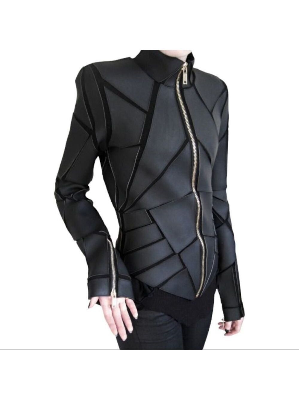 Black Handmade Geometric Patch Leather Jacket Size XL (Garett Pugh Inspired)